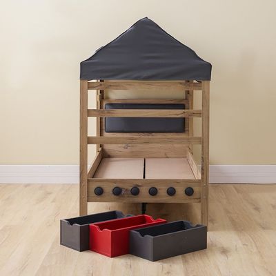 Bricks 90x200 House  Bed W/Stairs +USB & Fabric Roof-Oak & Red/Grey