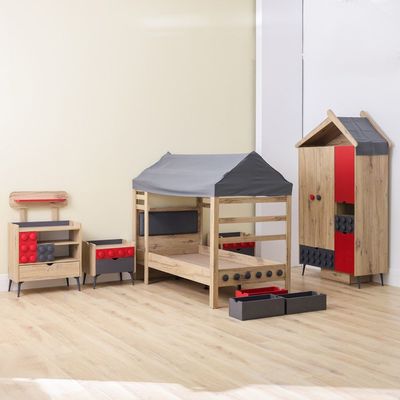 Bricks 90x200 House  Bed W/Stairs +USB & Fabric Roof-Oak & Red/Grey