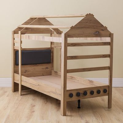 Bricks 90x200 House  Bed W/Stairs +USB & Fabric Roof-Oak & Red/Grey