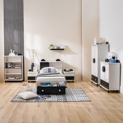 Panda 90x190 Bedroom Set with Headboard Storage & Front Drawer Storage - White/Black - With 2-Year Warranty