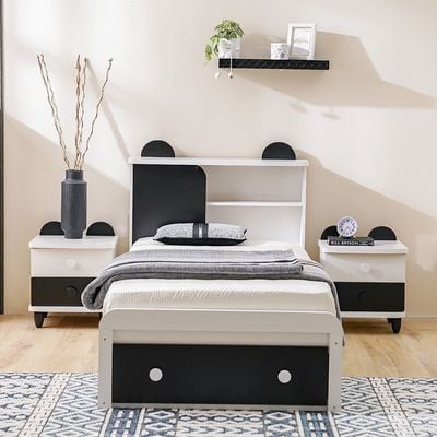 Panda 90x190 Single Bed with Headboard Storage & Front Drawer Storage - White/Black - With 2-Year Warranty