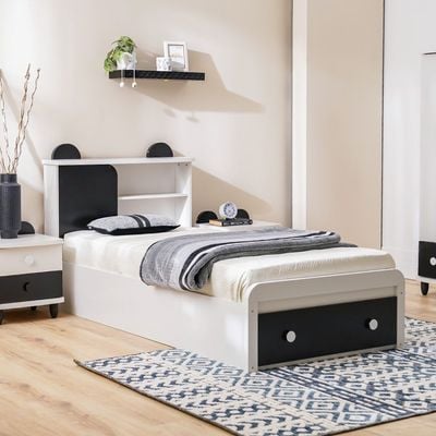 Panda 90x190 Bed with Headboard Storage & Front Drawer Storage - White/Black - With 2-Year Warranty