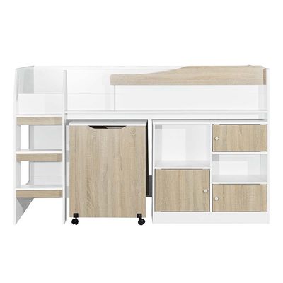 Kinder 90x190 Mid Sleeper Bed with Study Desk & Storage - White & Sonoma Oak - With 2-Year Warranty