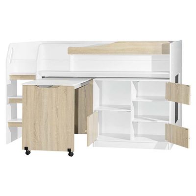 Kinder 90x190 Mid Sleeper Bed with Study Desk & Storage - White & Sonoma Oak - With 2-Year Warranty