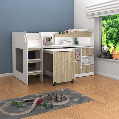 Kinder 90x190 Mid Sleeper Bed with Study Desk & Storage - White & Sonoma Oak - With 2-Year Warranty