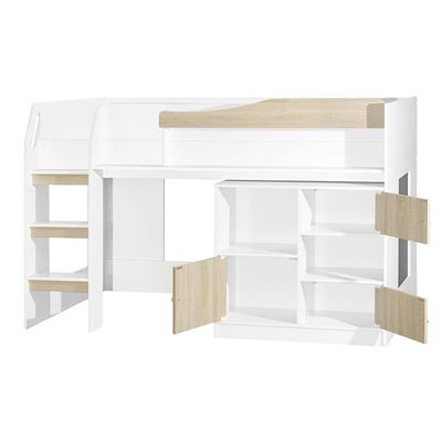 Kinder 90x190 Mid Sleeper Bed with Study Desk & Storage - White & Sonoma Oak - With 2-Year Warranty