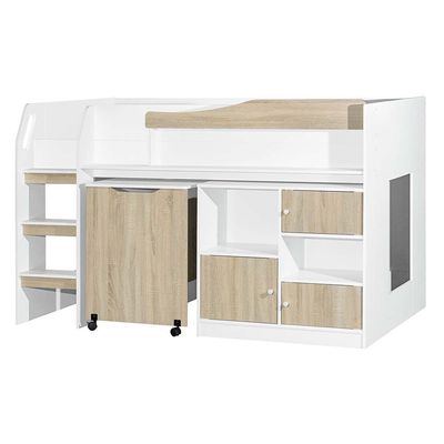 Kinder 90x190 Mid Sleeper Bed with Study Desk & Storage - White & Sonoma Oak - With 2-Year Warranty