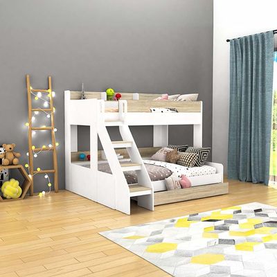 Kinder 90/120x200 Dual Size Kids’ Bunk Bed with Drawer Storage - White & Sonoma Oak - With 2-Year Warranty