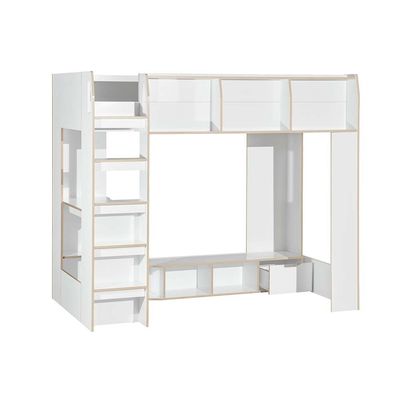 Kinder 90x190 Loft Bunk Bed with Study Desk & Storage - White & Sonoma Oak - With 2-Year Warranty