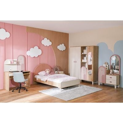 Zeta 120x200 Upholstered Bedroom Set W/USB-COLOR - Oak/Offwhite/ Pink