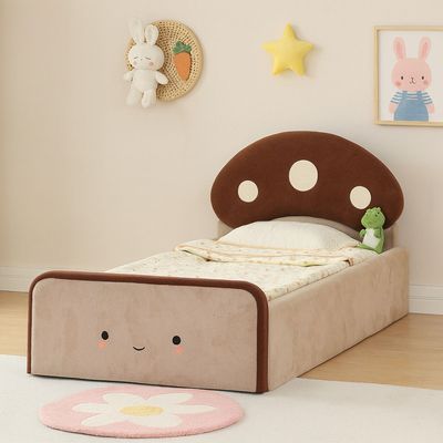 Muffin 90x200 Upholstered Kids Bed-Light Beige & Dark Brown