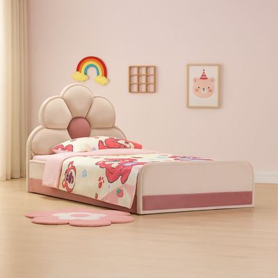Lilyana Flower 90x200 Upholstered Kids Bed-Beige & Pink