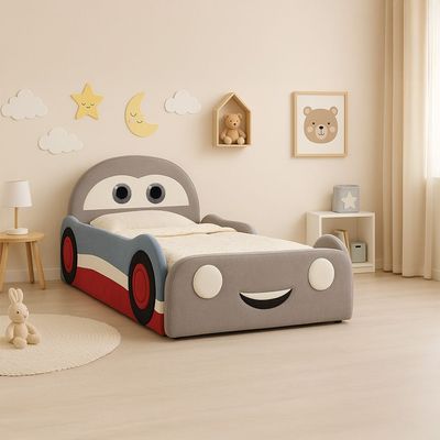 McQueen Car 90x200 Upholstered Kids Bed-Light Grey & Blue/Red