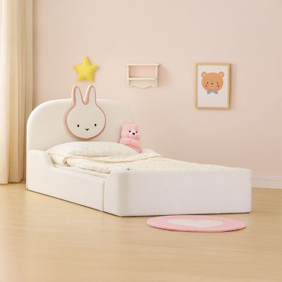 Bunny 90x200 Upholstered Kids Bed-OFF White & Pink