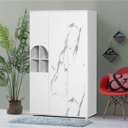 Hello 3 Door Wardrobe -White/White Faux Marble
