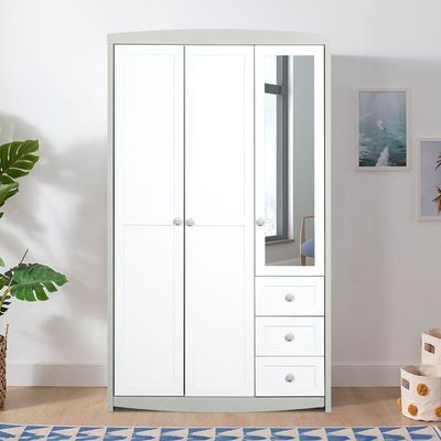 Hazel 3 Door Wardrobe W/3 Drawers&Mirror-Light Beige & White