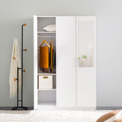 Supreme 3-Door Wardrobe with Mirror - White - With 2-Year Warranty