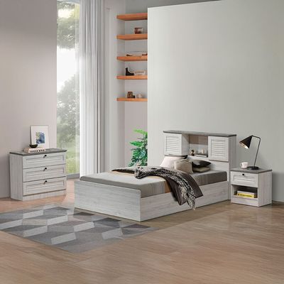 Zenith 120x200 Young Single Bed with USB - White Oak/Cement - With 2-Year Warranty