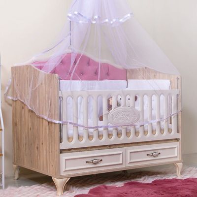 Golden Crib 80x130 with 2 Drawers and Led - Milky White