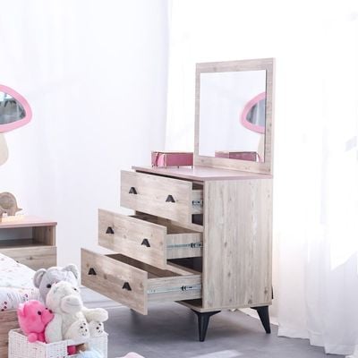 Bliss 3 Drawer Dresser With Mirror-Oak & Pink