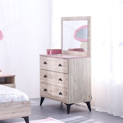 Bliss 3 Drawer Dresser With Mirror-Oak & Pink