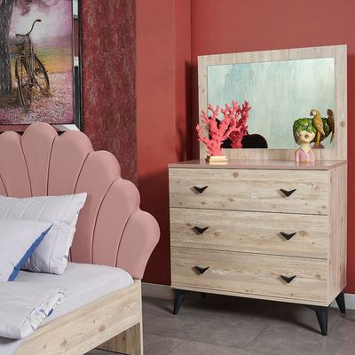 Bliss 3 Drawer Dresser With Mirror-Oak & Pink