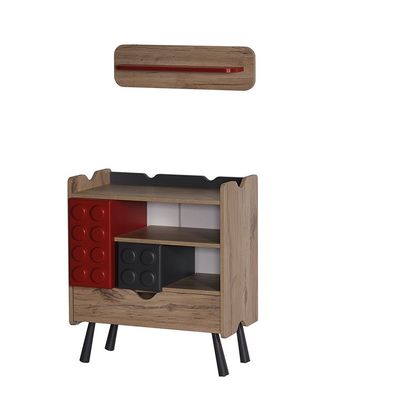 Bricks 3 Drawers Dresser W/Shelf-Oak & Red/Grey