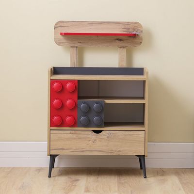 Bricks 3 Drawers Dresser W/Shelf-Oak & Red/Grey