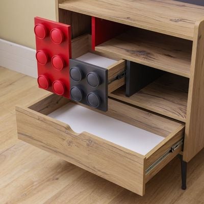 Bricks 3 Drawers Dresser W/Shelf-Oak & Red/Grey