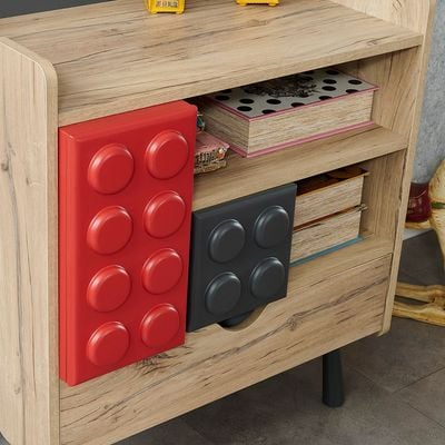 Bricks 3 Drawers Dresser W/Shelf-Oak & Red/Grey