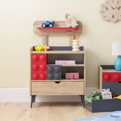 Bricks 3-Drawer Dresser with Shelf - Oak/Red/Grey - With 5-Year Warranty