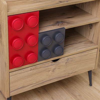 Bricks 3 Drawers Dresser W/Shelf-Oak & Red/Grey