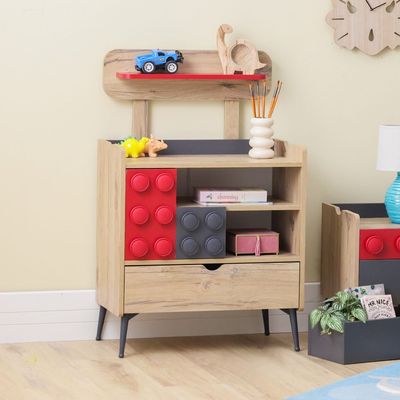 Bricks 3-Drawer Dresser with Shelf - Oak/Red/Grey - With 5-Year Warranty