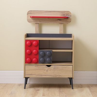 Bricks 3-Drawer Dresser with Shelf - Oak/Red/Grey - With 5-Year Warranty