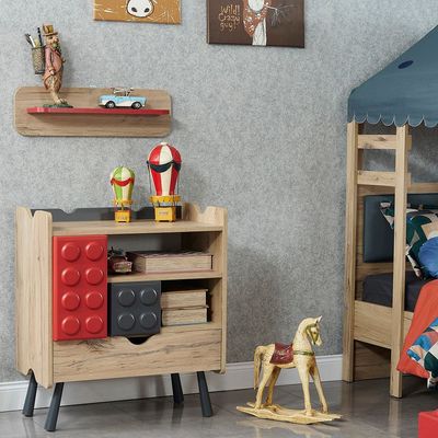 Bricks 3-Drawer Dresser with Shelf - Oak/Red/Grey - With 5-Year Warranty