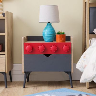 Bricks 2-Drawers Nightstand - Oak/Red/Grey - With 5-Year Warranty