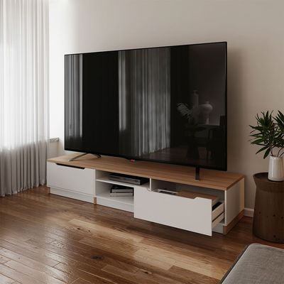 Royan Large TV Unit with 2 Drawers - Up to 98 Inches - Light Brown/White - With 2-Year Warranty