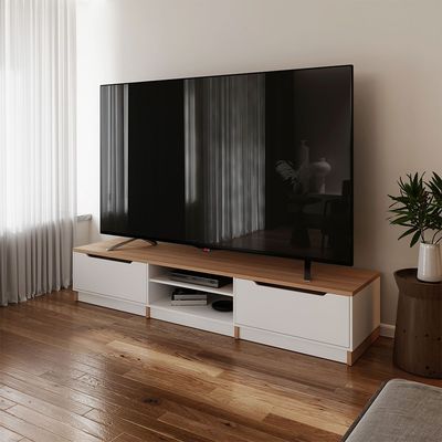 Royan Large TV Unit with 2 Drawers - Up to 98 Inches - Light Brown/White - With 2-Year Warranty