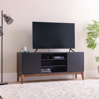 Titan TV Unit - Up to 65 Inches - Black/Natural Wood - With 2-Year Warranty