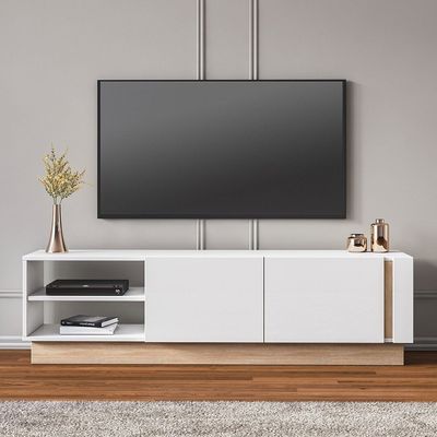 Camillo Wide TV Unit with Storage - Up to 70 Inches - High Gloss White/Light Oak - With 2-Year Warranty