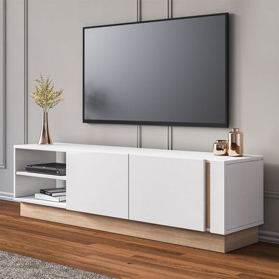 Camillo Wide TV Unit with Storage - Up to 70 Inches - High Gloss White/Light Oak - With 2-Year Warranty