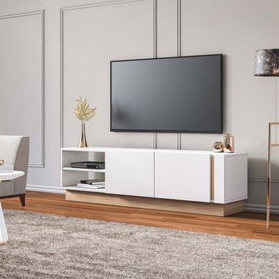 Camillo Wide TV Unit with Storage - Up to 70 Inches - High Gloss White/Light Oak - With 2-Year Warranty