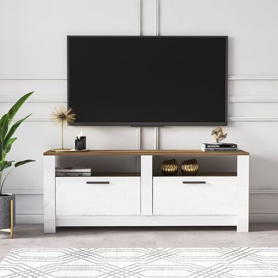 Grado TV Unit with Storage - Up to 65 Inches - High Gloss White/Walnut - With 2-Year Warranty