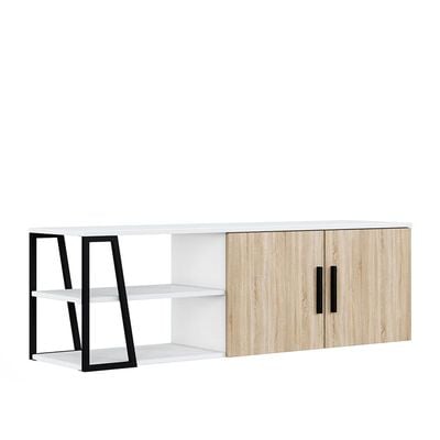 Manzoni TV Unit with Storage - Up to 65 Inches - High Gloss White/Light Oak - With 2-Year Warranty