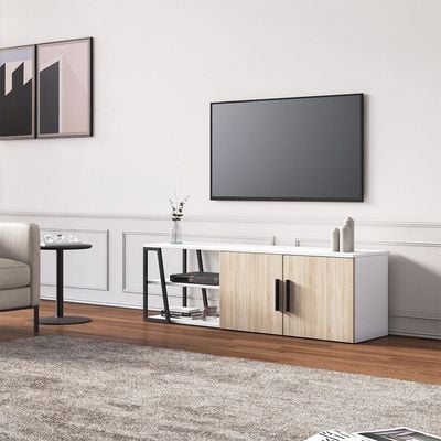 Manzoni TV Unit with Storage - Up to 65 Inches - High Gloss White/Light Oak - With 2-Year Warranty