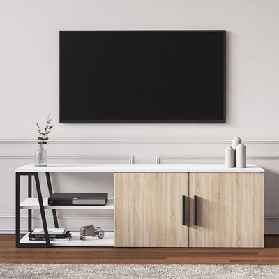 Manzoni TV Unit with Storage - Up to 65 Inches - High Gloss White/Light Oak - With 2-Year Warranty