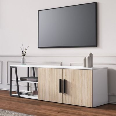 Manzoni TV Unit with Storage - Up to 65 Inches - High Gloss White/Light Oak - With 2-Year Warranty