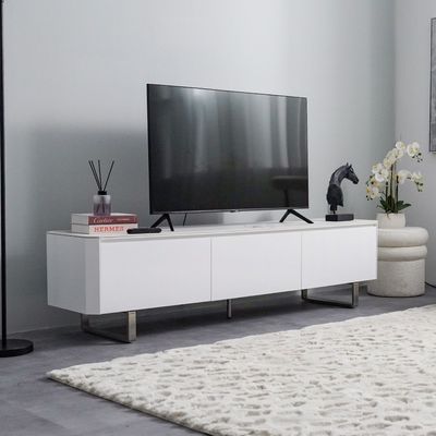 Monarch TV Unit - Up to 80 Inches - White/Brushed Silver - With 2-Year Warranty