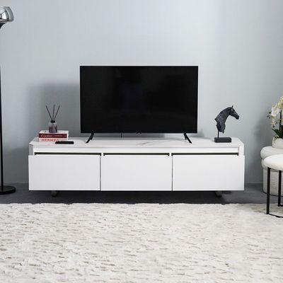 Monarch TV Unit - Up to 80 Inches - White/Brushed Silver - With 2-Year Warranty