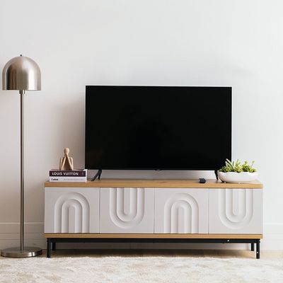 Delmar Tv Unit W/4 Door Storage- Natural / Grey- Upto 70 Inch